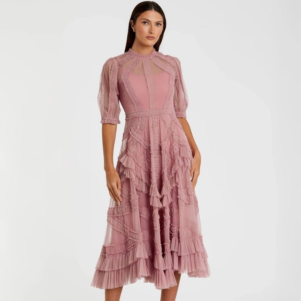 Mac Duggal Mauve Ruffled Long Sleeve Dress